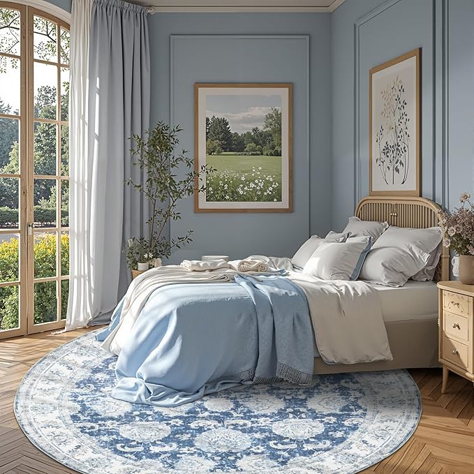 jinchan Fiora Round Rug 7ft Area Rug - Dark Blue Vintage Floor Mat Indoor Ultra-Thin Soft Floral Print - Washable Circle 7' Retro Accent for Farmhouse Non Slip Dining Room Living Room Bedroom Office