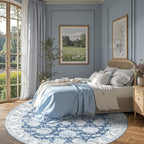 jinchan Fiora Round Rug 8ft Area Rug - Dark Blue Vintage Floor Mat Indoor Ultra-Thin Soft Floral Print - Washable Circle 8' Retro Accent for Farmhouse Non Slip Dining Room Living Room Bedroom Office