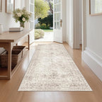 FMFUNCTEX 3x10 Runner Rug Beige Washable Vintage Neutral Distressed Non Slip Low Pile Indoor Carpet Soft Retro Floral Hallway Entryway Rug for Kitchen Living Room Bedroom Bathroom Laundry Bedside