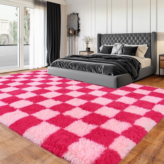 Area Rugs for Living Room, Soft Shaggy Carpets for Living Room, Fuzzy Rugs for Kids' Room, Perfect Decor for Modern Home Hot Pink Grid 9x12 Feet