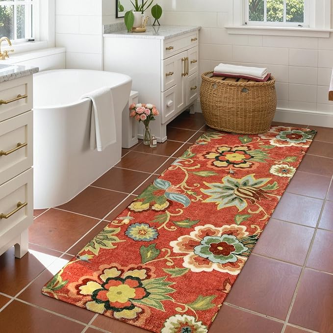 Lahome Floral Red Christmas Runner Rug 2x5, Washable Kitchen Hallway Runner Rug, Vintage Soft Christmas Throw Non-Slip Carpet for Entryway Living Room (2'x5', Red)