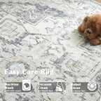 jinchan Kelda Round Rug 5ft Washable Area Rug Indoor Vintage Floor Cover Distressed Circle Mat 5' Round Lightweight Non Slip Low Pile Thin Carpet for Entryway Kitchen Living Room Bedroom Grey