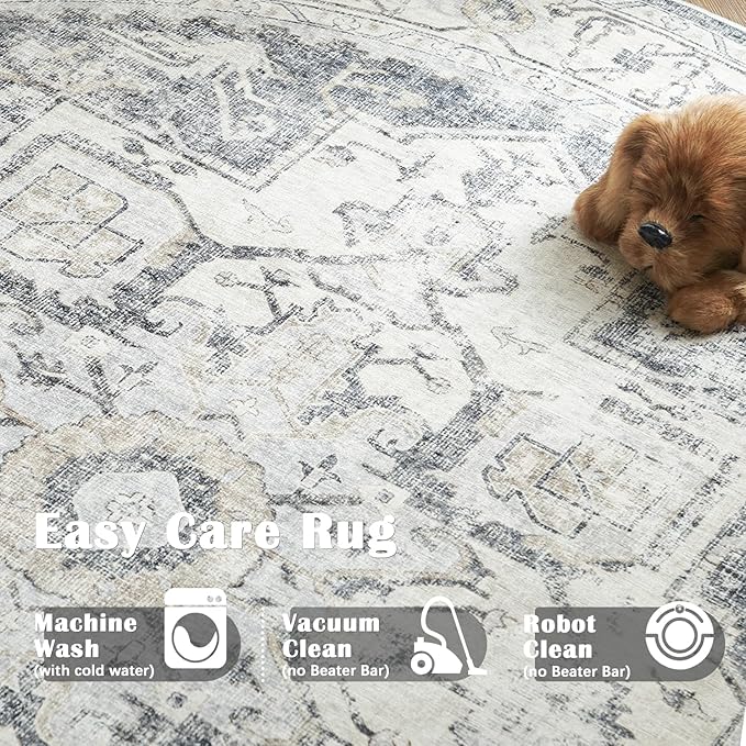 jinchan Kelda Round Rug 6ft Washable Area Rug Indoor Vintage Bedroom Floor Cover Distressed Circle Mat 6' Round Lightweight Non Slip Low Pile Thin Farmhouse Carpet for Living Room Dining Room Grey