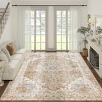 jinchan Kelda Area Rug 9x12 Washable Living Room Rug Vintage Indoor Large Floor Cover Distressed Lightweight Non-Slip Low Pile Thin Mat Accent Stain Resistant Carpet for Bedroom Office Brick Red