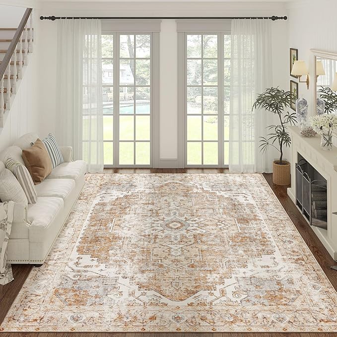 jinchan Kelda Area Rug 9x12 Washable Living Room Rug Vintage Indoor Large Floor Cover Distressed Lightweight Non-Slip Low Pile Thin Mat Accent Stain Resistant Carpet for Bedroom Office Brick Red