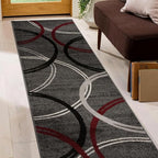 Rugshop Modern Wavy Circles Design Non-Shedding Runner Rug, Carpet for Hallway or Kitchen, Red, 2' x 10'