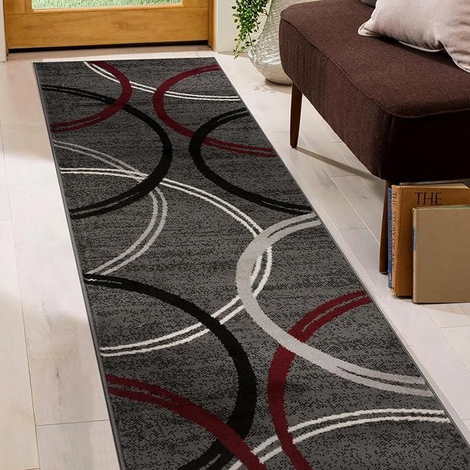 Rugshop Modern Wavy Circles Design Non-Shedding Runner Rug, Carpet for Hallway or Kitchen, Red, 2' x 10'