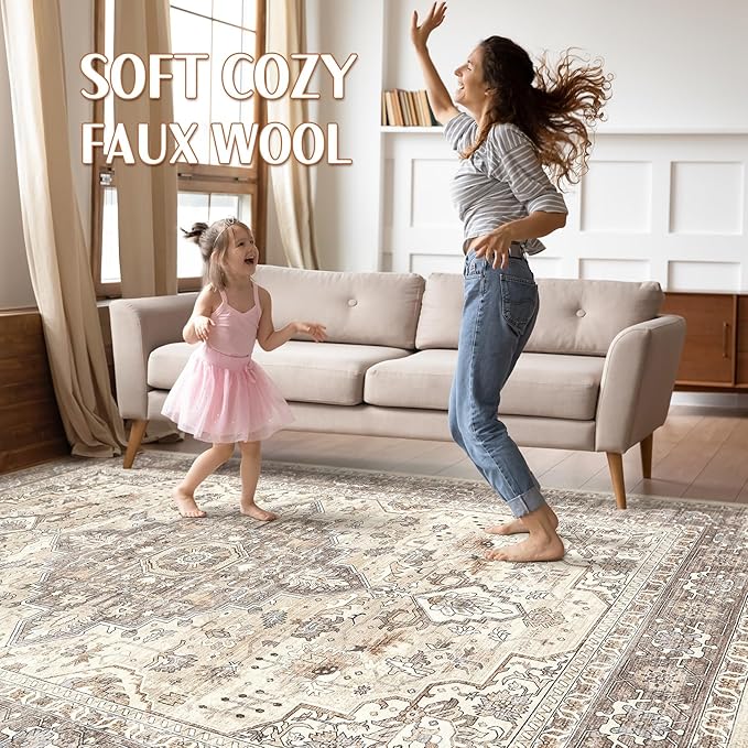 5X8 Area Rug Living Room: Washable Boho Large Neutral Vintage Soft Rugs Stain Resistant Farmhouse Non Slip Indoor Floor Carpet for Bedroom Nursery Kids Playroom Office Dining Room Home Decor- Brown