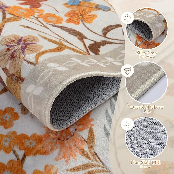 Wonnitar Fall Washable 5x7 Rug for Bedroom, Low Pile Soft Boho Floral Living Room Area Rug, Non Slip Throw Carpet for Girls Room Nursery Playroom Guest Room (Orange,5'x7')