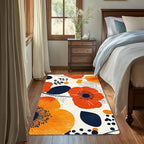 Boho Orange Flowers Autumn Carpet for Living Room, 3x5 Non-Slip Washable Low Pile Abstract Design Rug, Space Saving Area Rug for Bedroom, Dining Room