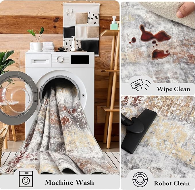 Washable Abstract Rug, 8x10 Modern Area Rugs with Non-Slip Rubber Backed for Living Room, Thin but Soft Contemporary Carpet Kitchen Bedroom Dining Room Decor, Rusty Brown