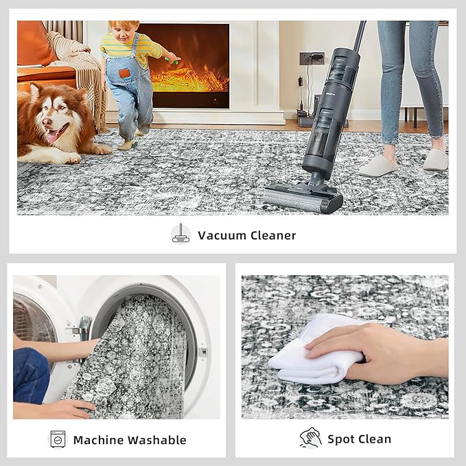 Washable Non-Slip Cream Rug - 3x8 Kitchen Runner with Non-Shedding, Boho Distressed Carpet for Hallways & Bedroom Vintage Grey