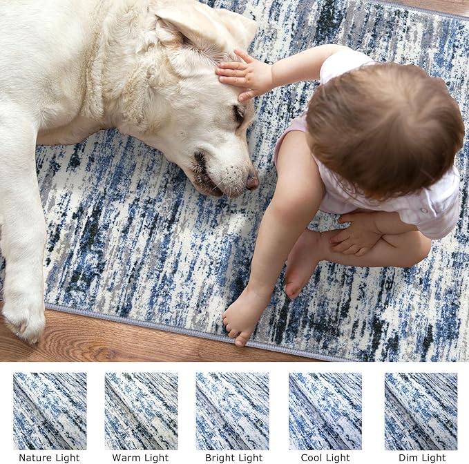 Modern Abstract Hallway Runner Rug, Grey Blue White Washable Kitchen Runner Non-Slip Soft 2x8 Runner Rug Thin Print Faux Wool Carpet for Entryway Bedroom Laundry Room Indoor Home Decor