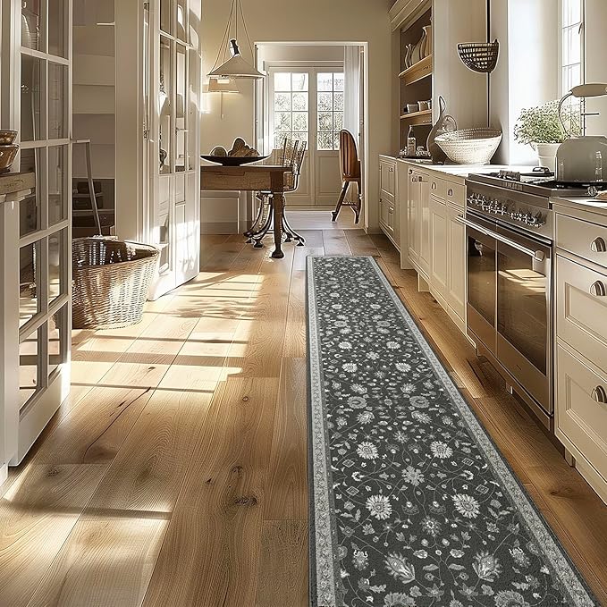 EVERGRACE Hallyway Area Runner Rugs 2x10, Boho Floral Faux Wool Indoor Outdoor Rugs, Washable Rugs for Bedroom Dining Room Living Room Kitchen, Low Pile Floor Mat Carpet for Home Decor, Ebony Black