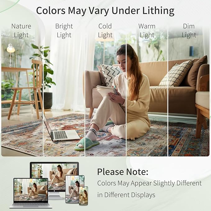 Enkor Area Soft Rugs 6x9 Washable Non Slip Boho Floor Rugs for Living Room Bedroom, Vintage Style Farmhouse Mat for Kitchen Entryway Beige & Red