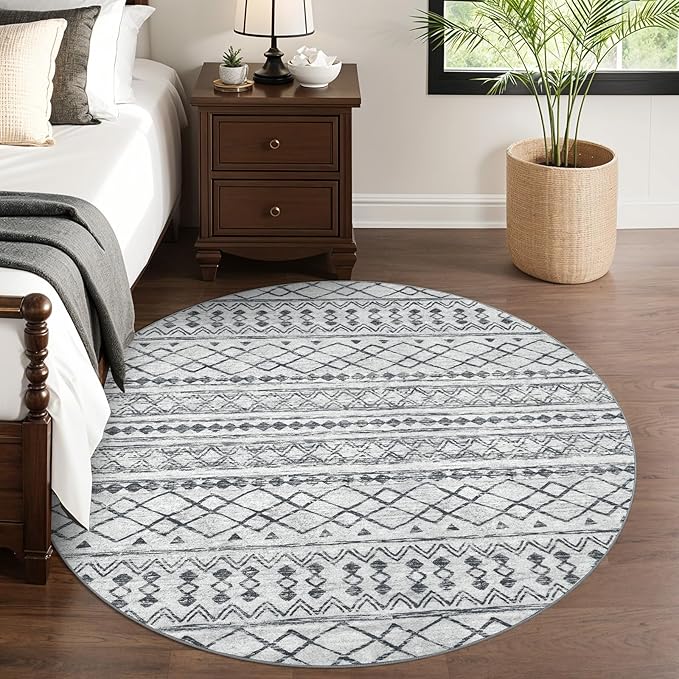 KUTA Boho Round Area Rugs 6Ft Grey Moroccan Circle Washable Rug Non-Slip, Soft Distressed Geometric Low-Pile Throw Carpet for Living Room Bedroom Nursery Dorm Decor