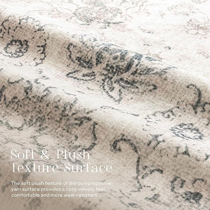 Phantoscope Washable Runner Rug 2'x10' Non-Slip, Vintage Neutral Hallway Rugs for Entryway, Stair, Bedroom, Distressed Boho Floral Medallion Pattern, Low-Pile Foldable Carpet, Cream Beige/Neutral