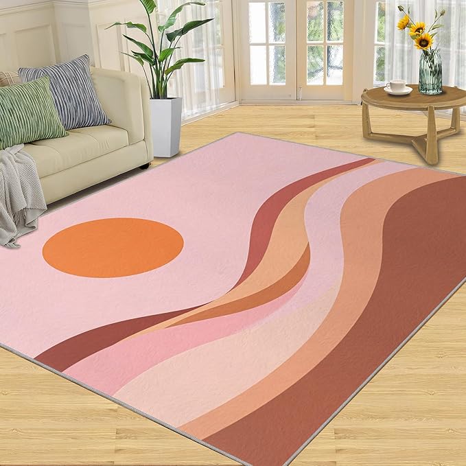 Boho Sun Area Rugs 8x10ft, Minimalist Sunburst Area Rug for Living Room, Abstraction Deco Modern Rug with Double Sided Carpet Tape for Bedroom Men Room Decor