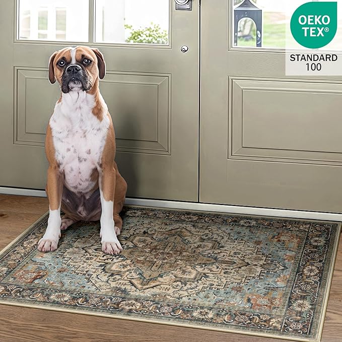 2x3 Machine Washable Area Rug for Entryway, Blue Beige Boho Vintage Floral Rug Non-Slip Low Pile Soft Faux Wool Small Carpet, Kids and Pets Friendly for Bedroom Kitchen Hallway Bedside Home Decor Rug