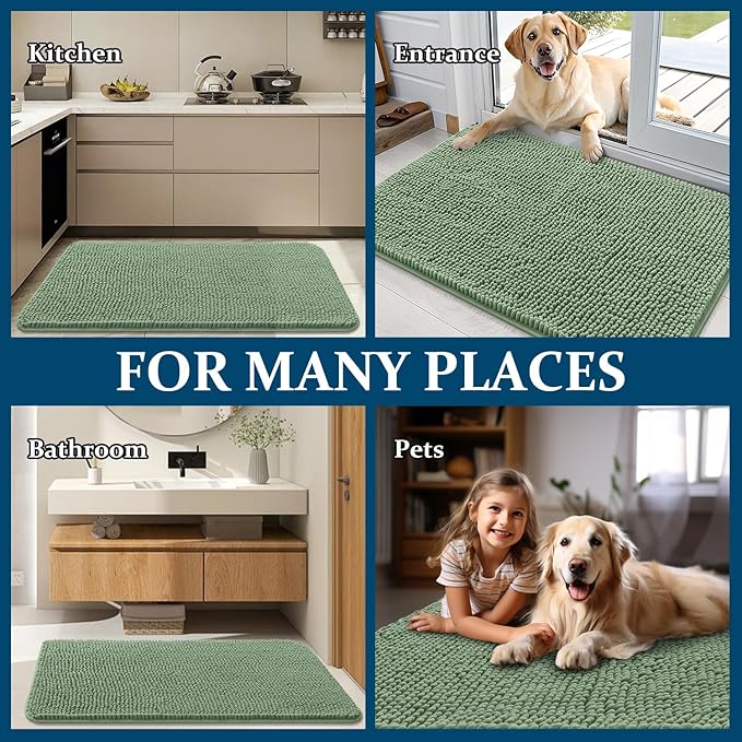 OLANLY Dog Door Mat for Muddy Paws 48x30, Absorbs Moisture and Dirt, Absorbent Non-Slip Washable Doormat, Quick Dry Chenille Mud Mat, Entry Indoor Entryway Carpet for Inside Floor, Olive Green
