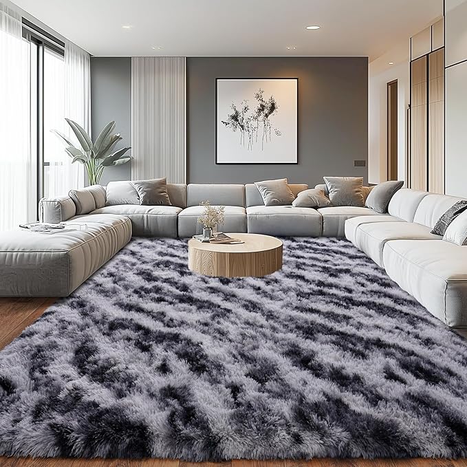 Large Shaggy Modern Shag Area Rug for Bedroom, Upgrade Non-Slip Plush Fluffy Carpet for Kids Room Home Decor, Plush Area Rug Tie Dye Stripes 9x12Ft
