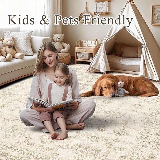 Washable Area Rug 5x7 Beige Rugs for Living Room, Vintage Boho Large Rug for Bedroom Dining Room Office, Distressed Floral Print Carpet for Under Table, Soft Non Slip Low Pile Throw Carpet Indoor Mat
