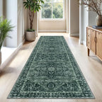 KOZYFLY Long Runners for Hallways 3x10 Ft Washable Kitchen Rug Faux Wool Printed Stair Runner Floor Carpet for Bedroom Entryway Stairs Kitchen Hall Indoor Use, Dark Green