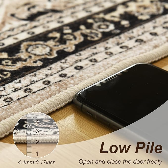 XWZO Runner Rug 2x10ft for Long Hallways, Washable Non-Slip Low Pile Area Rug with Rubber Backing, Spill Resistant Soft Vintage Floor Carpet for Kitchen Entryway Stair Landing Bedroom, Brown Beige