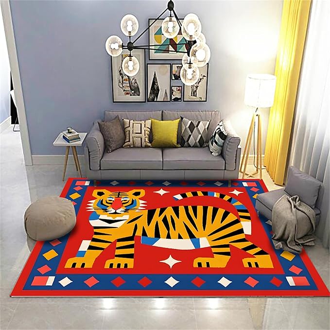 Jungle Animal Area Rug,5x7ft,Unique Design Tiger Print Rug With Geometric Pattern，Bohemian Style Animal Tiger Print Pattern Colorful Rug,Washable Non-Slip Rug for Living Room Classroom Nursery Decor