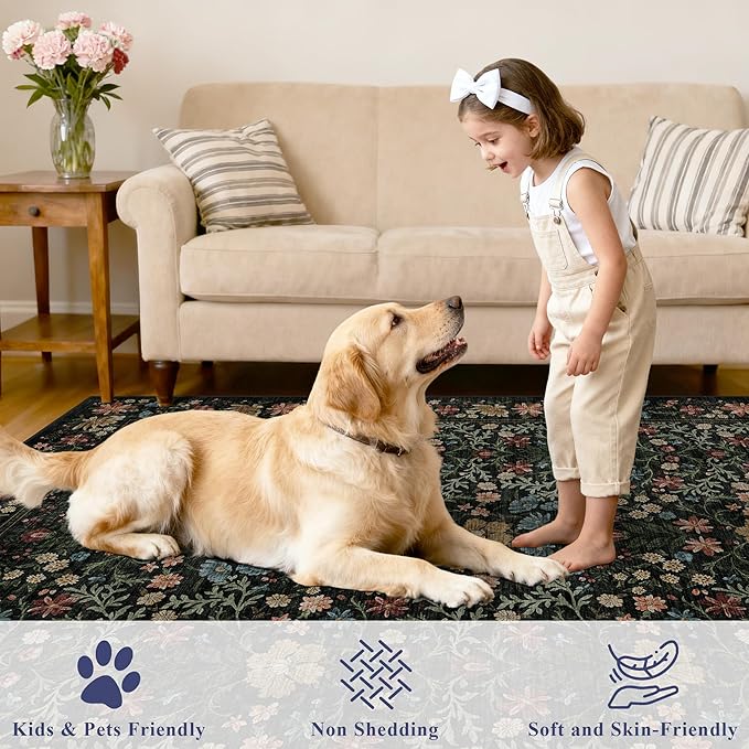 DUKINO 4x6 Rugs for Living Room, Lightweight Non Slip Washable Rug with Low Pile Design, Vintage Floral Non-Shedding Soft Carpet for Living Room, Bedroom, Farmhouse, Office, Bathroom, Dark Blue