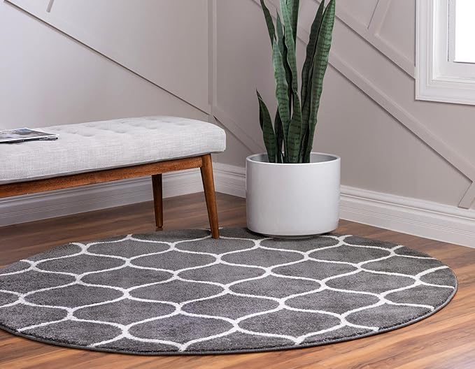 Rugs.com Lattice Frieze Collection Rug – 6' Round Dark Gray Medium Rug Perfect for Kitchens, Dining Rooms