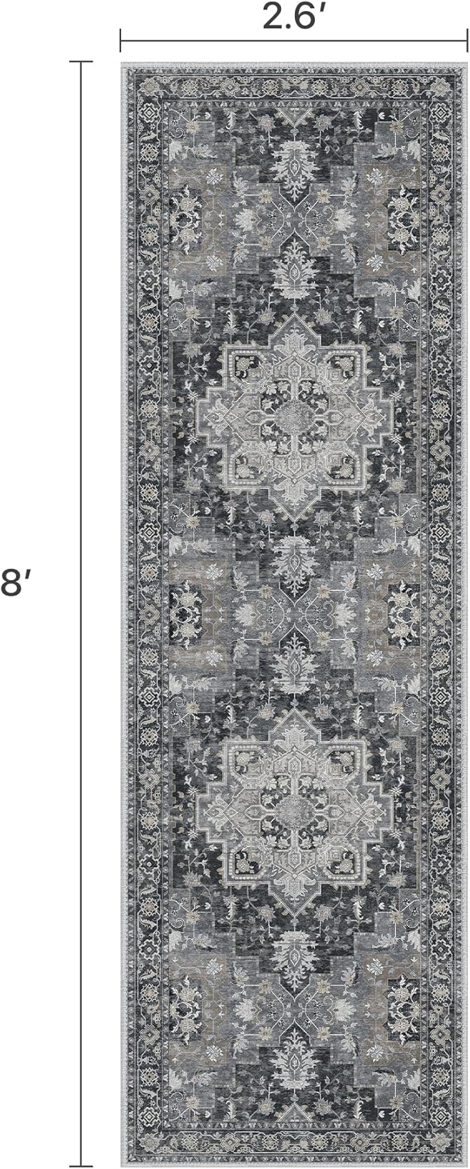 Runner Rug 2'6''x8, Machine Washable Runners, Non Slip Vintage Hallway Runner Rugs, Low Pile Lightweight Mat for Entryway, Hallway, Kitchen and Corridor, Dark Gray