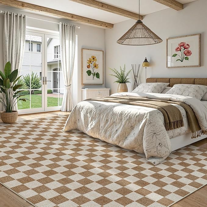 LIVEBOX 9x12 Area Rugs for Living Room, Checkered Non-Slip Washable Rugs, Farmhouse Neutral Classic Geometric Large Boys Area Rug for Bedroom, Carpet for Living Dining Room Office(Brown,9'x12')
