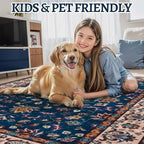 Tangsoo 5x7 Washable Rug, Floral Vintage Large Area Rugs for Living Room, Indoor Non Slip Print Floor Carpet, Soft Low Pile Machine Washable Rug for Bedroom Dining Room Dorm Home Decor Navy Blue