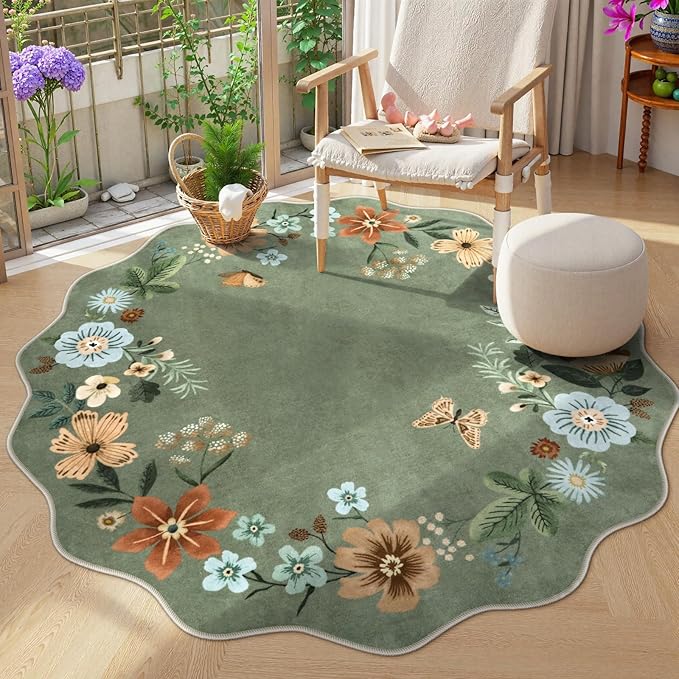 Lahome Floral Washable Round Rugs, Non-Slip Soft Round Rug 4ft Ultra-Thin, Small Boho Circle Carpet for Entryway Kitchen Bedroom Nursery Bathroom, Green