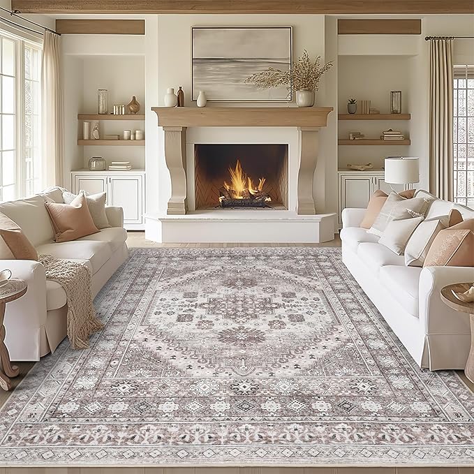 zesthome 10x14 Area Rugs,Stain Resistant Washable Rug,Ultra-Thin Rugs for Living Room,Bedroom,Non-Slip Backing Home Decor Large Area Rug (Brown/Beige,10'x14')