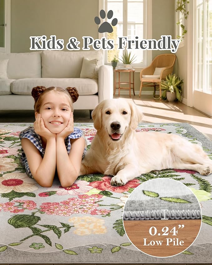 Floral Rugs for Living Room - 9x12 Soft Washable Area Rug Stain Resistant Ultra-Thin Non-Slip Low Pile Farmhouse Vintage Large Carpet for Bedroom Dining Room Nursery Home Office Decor, Grey