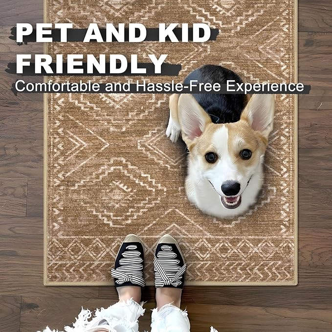 KILOCOCO Kitchen Runner 2x6 Washable Runner Rug, Boho Soft Runners for Hallways Non Slip Printed Distressed Laundry Room Rugs, Low-Pile Rugs for Entryway/Bedroom/Living Room, Yellow Brown Orange