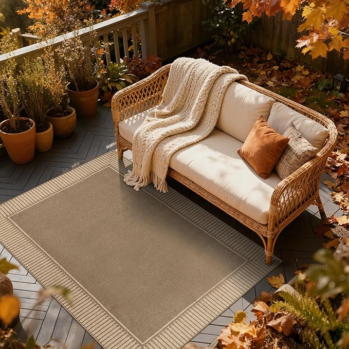 Moynesa Brown Striped Border Easy Jute Outdoor Indoor 5x7 Area Rugs for Living Room, Washable Non Slip Rug for Backyard Patio Balcony Dining Room Bedroom, Farmhouse Carpet for Fall Winter Decor