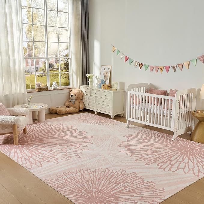 WITSHOCK Pink Rugs 12x15 for Bedroom Girls,Floral Modern Distress Print Pattern Carpet for Living Room Dining Room,Stain Resistant Anti Slip Backing Rugs for Kids Room Nursery Playroom,Light Pink