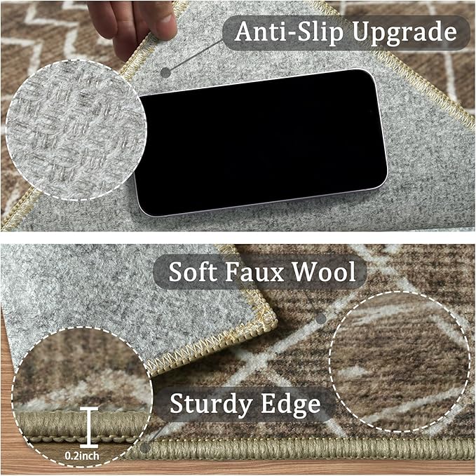 4x6 Machine Washable Area Rug for Living Room, Brown Vintage Moroccan Rug Large Non-Slip Low Pile Soft Faux Wool Carpet, Kids and Pets Friendly for Bedroom Dining Room Farmhouse Home Decor Rug