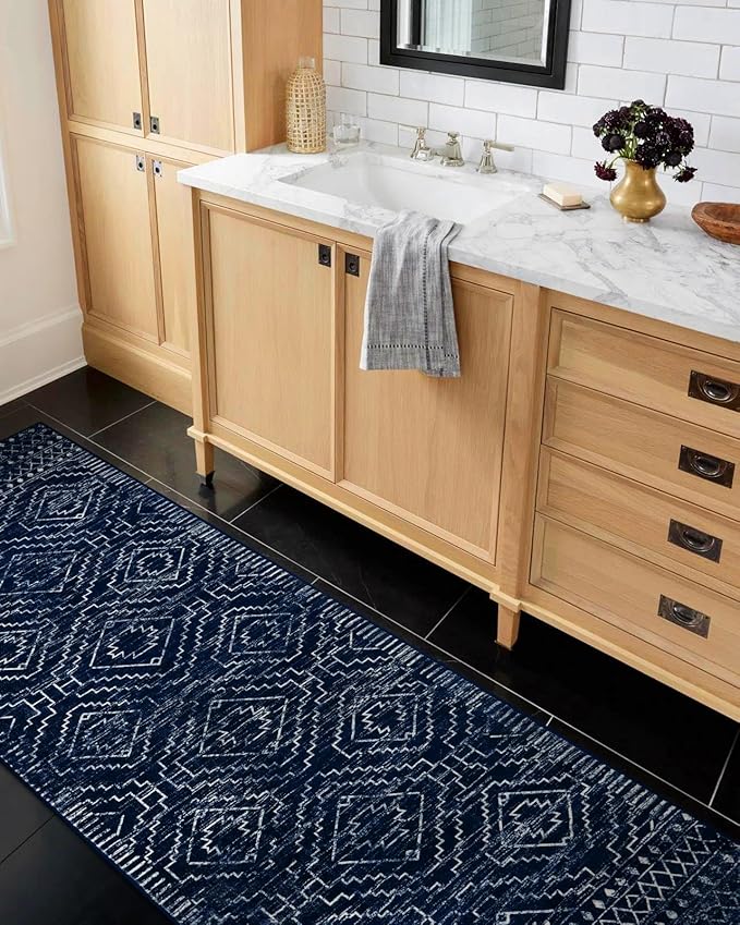 Wonnitar Washable Runner Rug for Kitchen, 2'6"x8' Moroccan Blue Hallway Carpet Runner, Non-Slip Long Geometric Rustic Entryway Floor Runner Soft Throw Mat for Bedroom Bathroom Closet (Blue,2'6"x8')