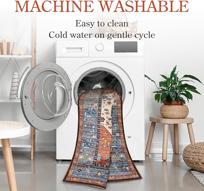 Lahome Boho Machine Washable Rugs - 5x7 Area Rugs for Living Room Non-Slip Oriental Throw Bedroom Rug Ultra-Thin Large Office Dining Room Rug Accent Floor Carpet for Kitchen Laundry Room