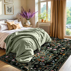Morebes Black Boho 8x10 Area Rugs for Living Room, Washable Large Floral Rug Non Slip, Soft Flower Birds Low-Pile Floor Indoor Carpet for Bedroom Dining Room Dorm Playroom Nursery