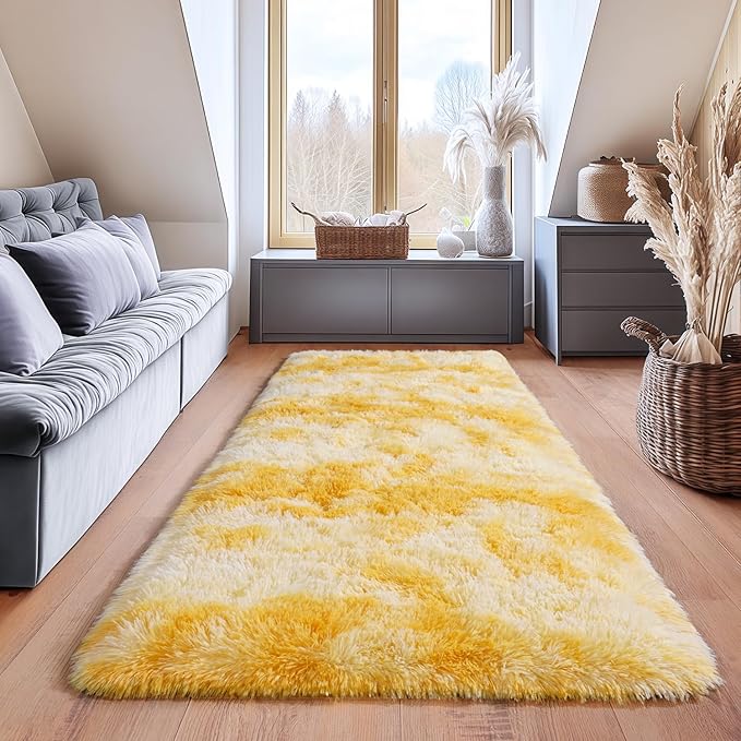 Fluffy Area Rugs for Living Room, Soft Shaggy Carpets for Living Room, Upgrade Anti-Slip Fuzzy Rugs for Kids' Room, Perfect Decor for Modern Home Tie Dye Yellow 2x6Feet