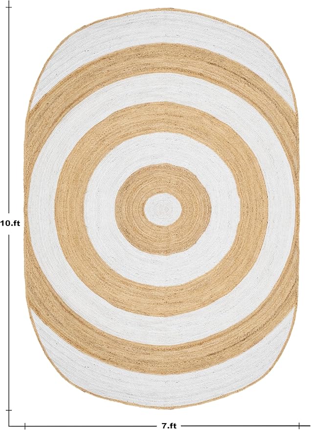 10x16 Oval Kilim Rug – Hand Braided Oval Jute Rug, Handmade Boho Flatweave, 0.27" Thick, Solid White Beige Carpet for Bedroom, Living Room, Dining Room