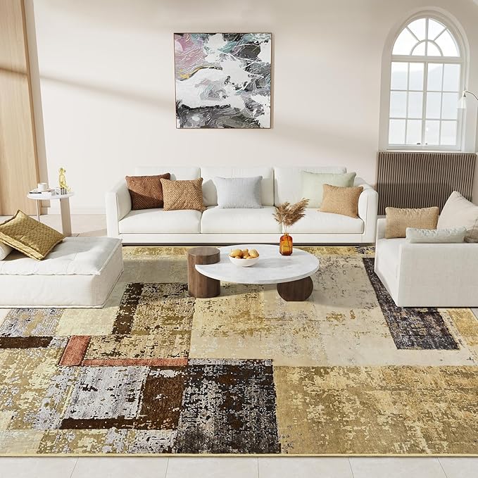 LOCHAS Rug for Living Room 6x9, Washable Soft Area Rugs for Bedroom, Abstract Carpet for Indoor Office Kids Dining Room Nursery Floor, Khaki Geometric Vintage Home Decor, Non Slip, Pet Child Friendly