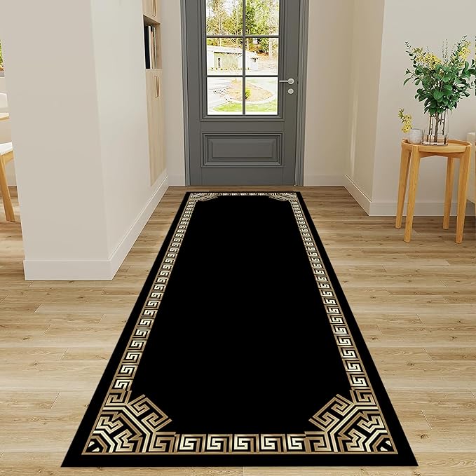 Greek Key Runner Rugs, 2x7ft, Vintage Traditional Tribal Black and Gold Color Stain Resistant Long Rug Runners, Entryways Non Slip Washable Sturdy Room Decor Mat for Kitchen Bedroom