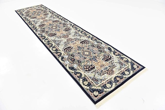 Unique Loom Narenj Collection Classic Traditional Medallion Textured Design Area Rug, 3 x 13 ft, Navy Blue/Tan