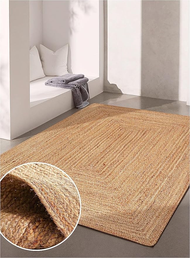 KEMA Jute Braided Area Rug, 8x10 Feet (96x120 Inches) - Rustic Vintage Braided Reversible Rectangular Rug, Shag Rugs for Bedroom, Jute Kitchen, Living Room, Floor